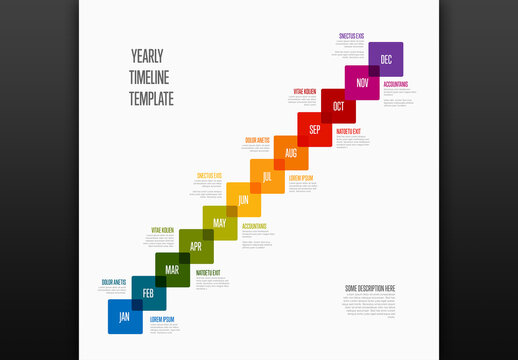 Full year timeline template with diagonal 12 month labels made from rainbow squares