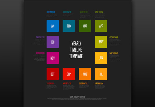 Dark Full year timeline template with 12 month in rainbow square