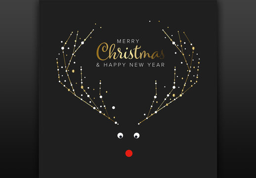 Minimalist Christmas flyer card temlate with reindeer on a dark blue background