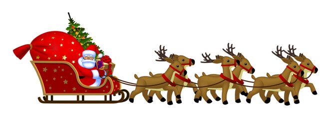Santa Claus with a red sack with gifts and a Christmas tree sitting in a reindeer sleigh isolated on white. Christmas and New Year greeting card and poster 
template design. Vector Illustration