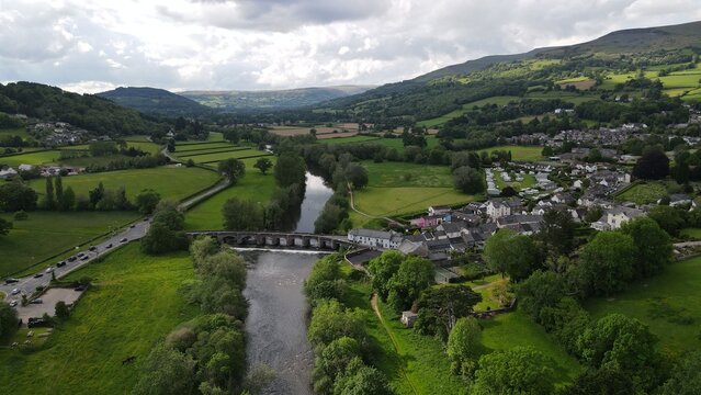 Chrickhowell bridge Wales UK drone aerial view