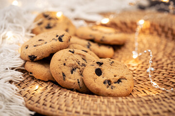 Cookies with chocolate chips close-up on a plate.
