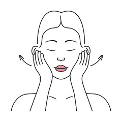 Facial massage. Facial skin care at home. Beautiful girl applies cream, tonic, gel on the skin.