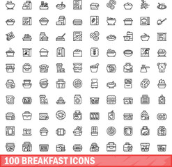 100 breakfast icons set. Outline illustration of 100 breakfast icons vector set isolated on white background