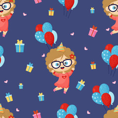 Seamless childrens pattern. Cute happy girl blonde with glasses on blue background with balloons and gifts. Vector illustration in cartoon style for kids collection, textile, design, print, wallpaper