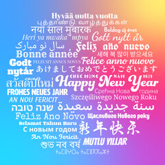 Composition of "Happy New Year" greeting messages in world different written languages, White texts on colorful gradient background