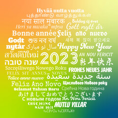 Composition of "Happy New Year" greeting messages in world different written languages, White texts on colorful gradient background