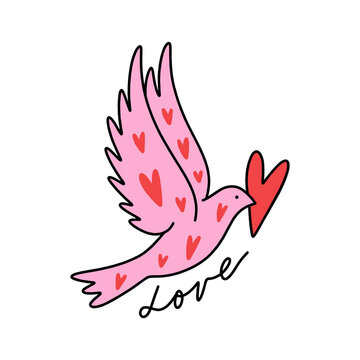 recommend clip art: Retro groovy bright color hippie Valentines dove bird holding heart illustration, 70s 60s sixties style print. Colorful funny carton character isolated on white background. Vector clipart print for