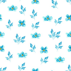 Drawn watercolor pattern of blue flowers. Seamless fabric print. Blue watercolor flowers. Texture. Vintage. Print for a dress.