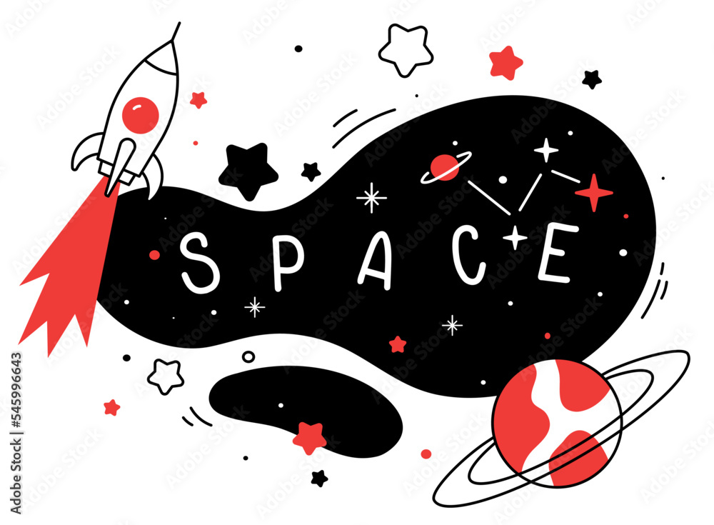 Canvas Prints vector abstract kid space illustration with spaceship, star and planet on white background. flat lin