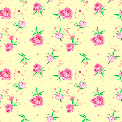 Peonies watercolor seamless pattern. Pink watercolor peony. Delicate yellow floral background. Fabric print for clothes. Home textiles.