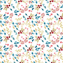 Seamless pattern with watercolor flowers, leaves and berries on white background.