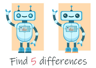 Vector illustration. Kids cartoon style. Find 5 differences. Robot. Educational game for children. Training card.