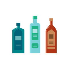 Set bottles of gin, shnapps, balsam. Great design for any purposes. Icon bottle with cap and label. Flat style. Color form. Party drink concept. Simple image shape
