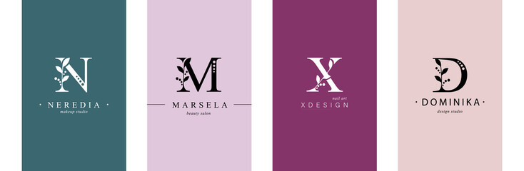 Collection of Botanical Minimalistic, Initial, Letter N, M, X, D. Logo or mponogram for business card