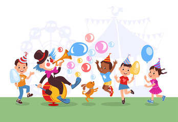 Cartoon funny clown with kids. Children watching entertaining show. Street jester artist in makeup and bright costumes. Soap bubbles. Birthday party amusement. Splendid vector concept