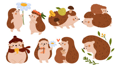 Fototapeta premium Cartoon hedgehogs. Forest animals. Wild nature. Funny parents and cubs characters. Autumn mushrooms on spine bristles. Daisy flowers and fruits. Loving mammal family. Garish vector set