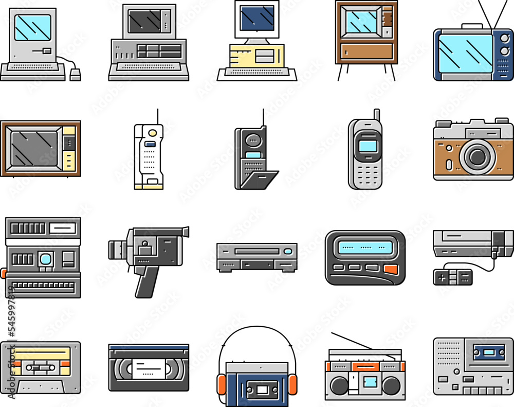 Poster retro gadget technology device icons set vector