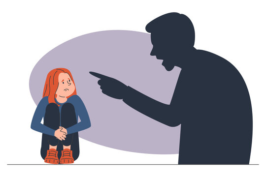 Silhouette of a father screaming at daughter vector isolated. Illustration of an angry parent being aggresive to a little child. Crying girl on the floor. Parental abuse and violence.