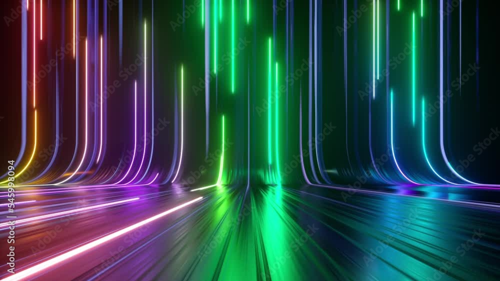 Poster 3d animation, abstract neon background with vertical lines, glowing colorful spectrum