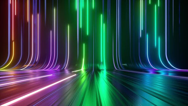 3d animation, abstract neon background with vertical lines, glowing colorful spectrum