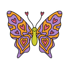 Retro groovy bright color hippie summer butterfly illustration, 70s 60s sixties style print. Colorful funny carton character isolated on white background. Vector clipart print for poster design