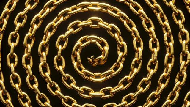 cycled 3d animation, abstract black background with spiral golden chain, shiny metallic texture, fashion intro
