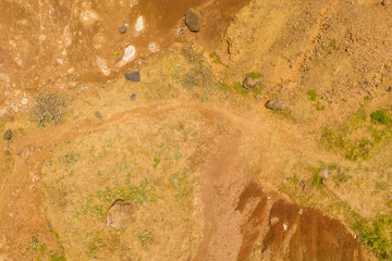 Drone photograph of arid landscape and a path through it