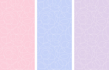 Set of rectangular seamless patterns. Thin white lines, chaotic waves, loops, curls on light blue, pink, purple background. Bi-colour sleek design. Vector texture for wallpaper, fabric, wrapping paper