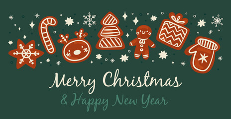 Gingerbread cookies greeting card. Decorative holiday biscuits with white icing sugar. Glazed Christmas baking. New Year congratulation background. Xmas pastry shape. Garish vector concept