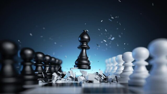 3d animation, chess game aggressive move, black bishop chess piece attacks, breakthrough. Unexpected game changer