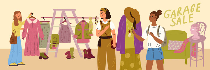 People at garage sale. Flea market with happy visitors. Buyers inspect and choose vintage items. Rarities search. Second Hand boutique. Clothing hangers and mannequin. Garish vector concept