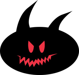 Black round monster-like creature icon with horns isolated on an empty white background