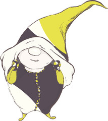 Winter holiday cute baby gnome character. Art illustration of young gnome character. Brown and yellow outfit, patterned hat and gloves, cheeky smile. Isolated background.