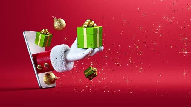 3d render. Cartoon character Santa Claus hand appears from the mobile phone screen and holds green gift box, festive ornaments levitate. Christmas animation with red background and golden confetti