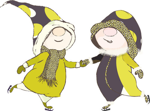 Winter holiday gnomes skating, hand drawn illustration. 2 characters in brown yellow & patterned outfits. Happy smiles enjoying some fun. Isolated background.