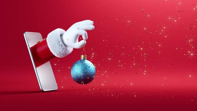 3d animation. Cartoon character Santa Claus hand appears from the smart phone screen and holds blue hanging glass ball ornament. Christmas greeting card with red background and golden confetti