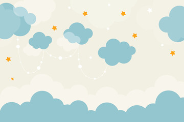 Vector hand drawn childish 3d wallpaper with clouds. Aerial white clouds, stars and dots . Lovely wallpaper for the kids room.	