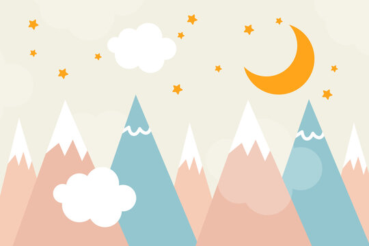 Fototapeta Mountains, moon and clouds in dusty pastel colors. For baby wallpapers, decor, web banners, posters. Vector illustration. Children's wallpaper. Hand drawn in scandinavian style. Mountain landscape.