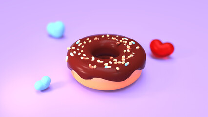 Chocolate 3d donut or doughnut for fast food birthday celebration concept. Doughnut cartoon style on blue background. 3d rendering illustration with heart shapes.
