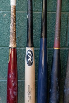 Vertical closeup of New Market Rebels versus Purcellville Cannons baseball bats