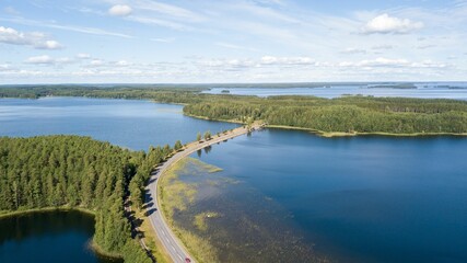 High angle of Punkaharju esker bridge, an internationally known tourist destination in Finland