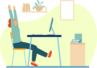 Sitting woman stretching at desktop. Office worker exercise