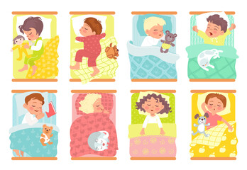 Sleeping kids. Little children lying in beds. Boys and girls slumbering in different poses top view. Bedding linen. Cozy pajamas. Kindergarten quiet hour. Night rest. Splendid vector set