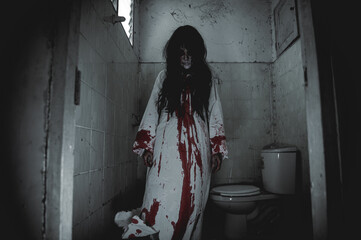 Portrait of asian woman make up ghost,Scary horror scene for background,Halloween festival...