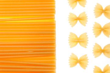 A pattern of various pasta on a white background. Copyspase.