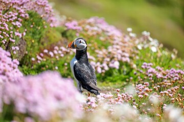 Selective focus shot of an Atlantic puffin bird surrounded by flowers