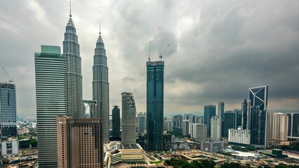 Kuala Lumpur skyline with Petronas Towers against a cloudy sky in Malaysia