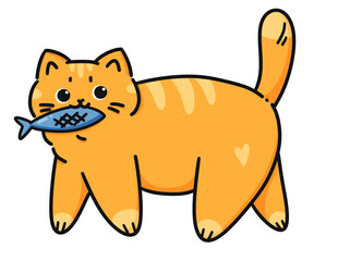 Funny cartoon ginger cat walking with fish in his teeth on isolated background 