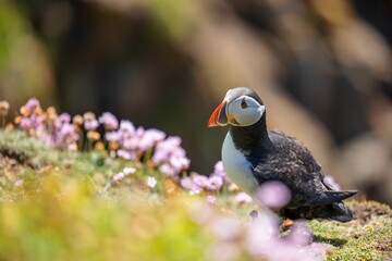 Cute Atlantic puffin (Fratercula arctica) resting on a sunny day on the blurred background